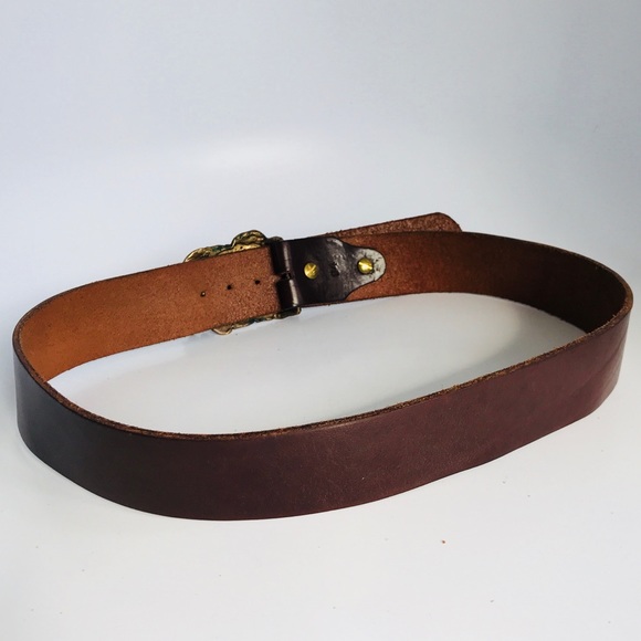 Vintage JB - crystallized gold - brass buckle brown leather belt sz 34 - Picture 12 of 12